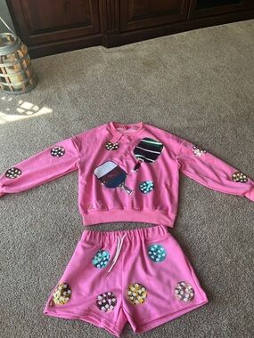 Simply Southern Pink Sequin Pickle Ball Patch Sweater & Shorts Set
